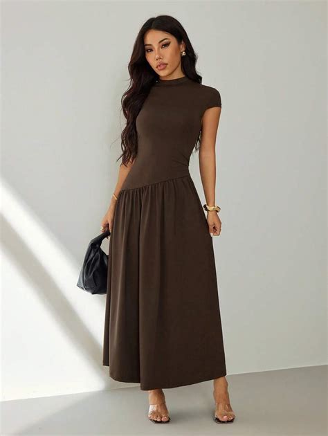SHEIN PETITE Women's Solid Color Stand Collar Puffed Sleeve Pleated ...