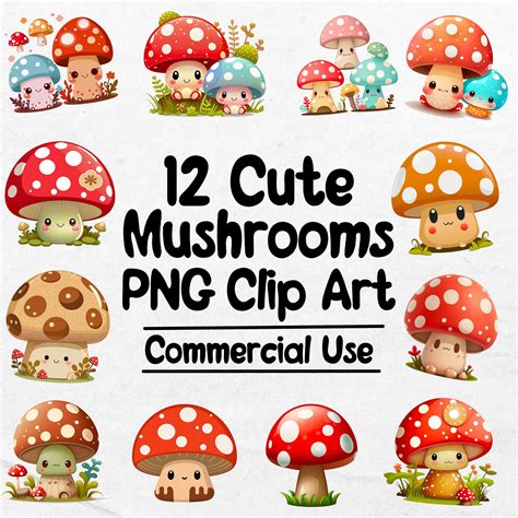 12 Cute Mushroom Clip Art PNG Instant Download 300 DPI Commercial Use ...