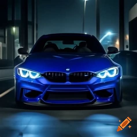 Blue BMW M5 illuminated by blue neon lights at night on Craiyon