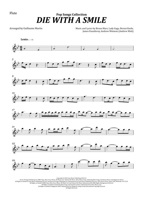 Die With A Smile (arr. Guillaume Martin) by Bruno Mars And Lady Gaga Sheet Music for Flute Solo ...
