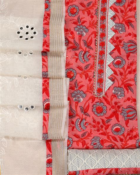 Peach Block Printed Cotton Suit with Embroidred Mirror Work Dupatta ...