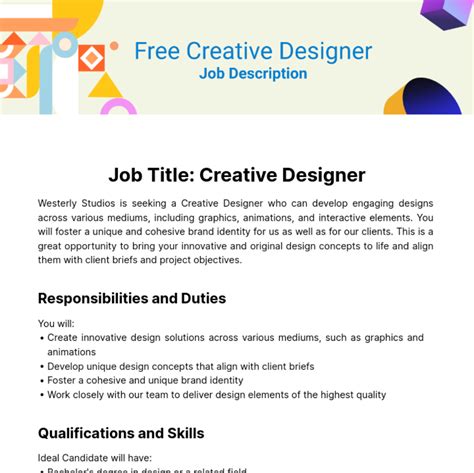 Free Creative Designer Job Description Template to Edit Online