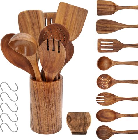 Amazon.com: Mooues Natural Teak Wooden Kitchen Utensil Set with Spoon ...