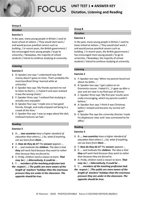 Focus 4 2E Unit Test Dictation Listening Reading Unit1 Group A B Answers - UNIT TEST 1 ANSWER ...