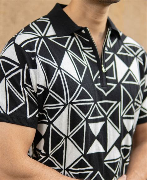 Black Geometric Knit Polo T-Shirt – Powerlook