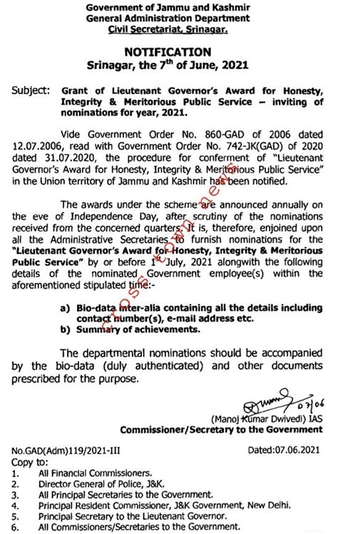 Grant of Lt Governors award for honesty/integrity/Meritorious Public ...