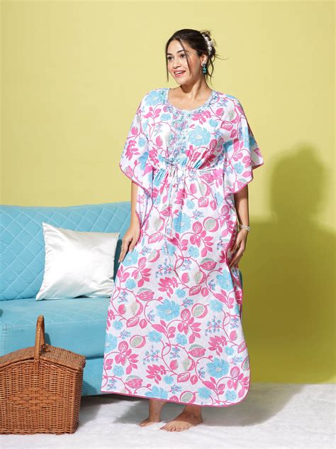 Buy Floral Print White Gown Cotton Kaftan Dress for Women – 9shines label