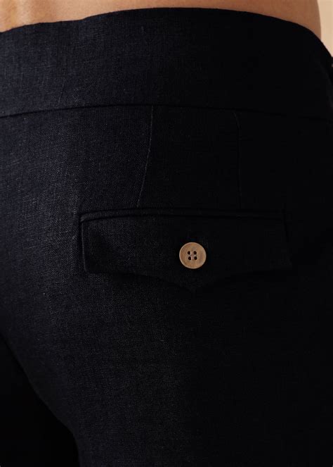 Black Pure Linen Double Pleated with Overlap Button Detail Trousers for ...
