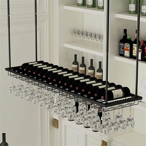Hanging Wine Glass Rack Black Wine Bottle Holder Ceiling Hanging Wine ...
