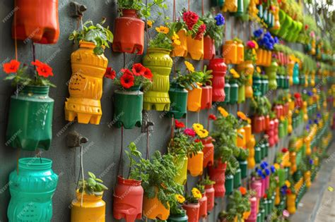 Premium Photo | Recycled plastic flower pots and hanging wall planters ...