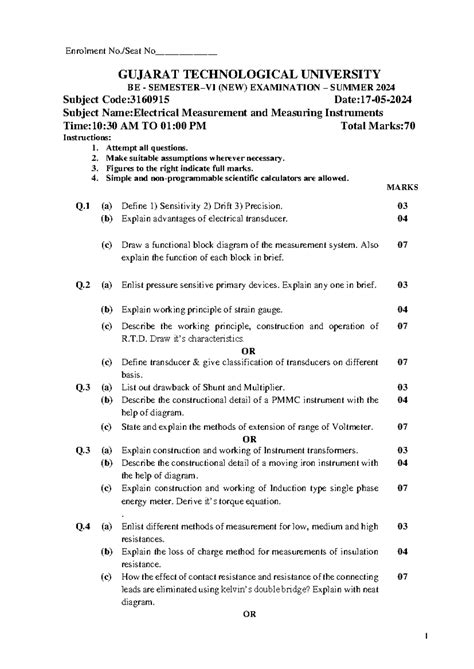 Electrical Measurement & Instruments Exam - GTU BE Summer 2024 (Code ...