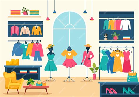 Clothing store vector illustration by shopping for clothes or dresses ...