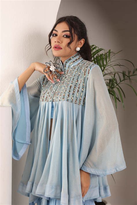 Powder Blue ajrakh embellished yoke top and Drape dhoti set – Sejal ...