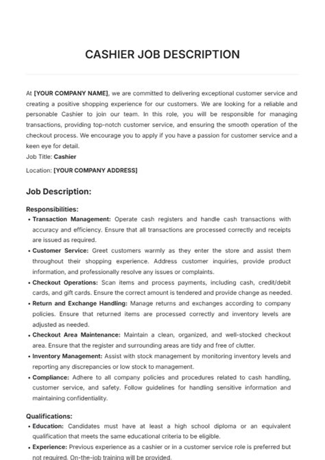 FREE Cashier Job Description Templates & Examples - Edit Online ...