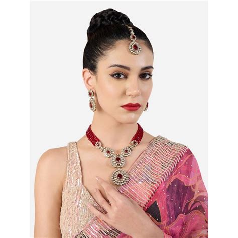 Buy Zaveri Pearls Red and White Crystals Kundan Antique Necklace ...