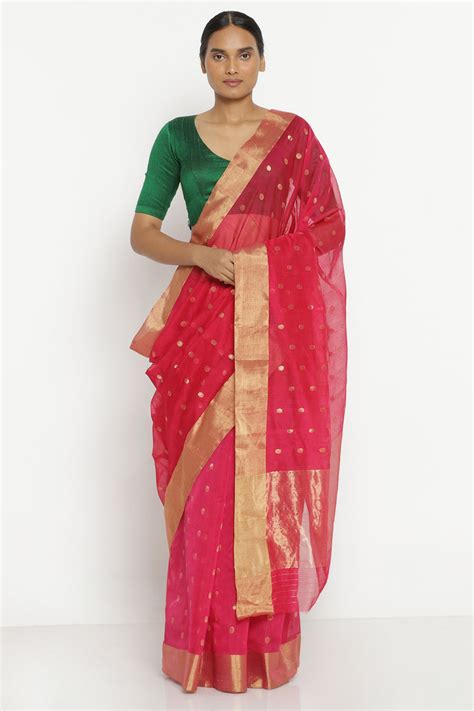 Deep Pink Silk Cotton Chanderi Zari Saree – Via East