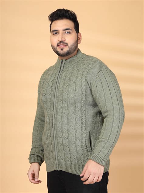 Plus Size Men Cable Knit High Neck Front-Open Sweater