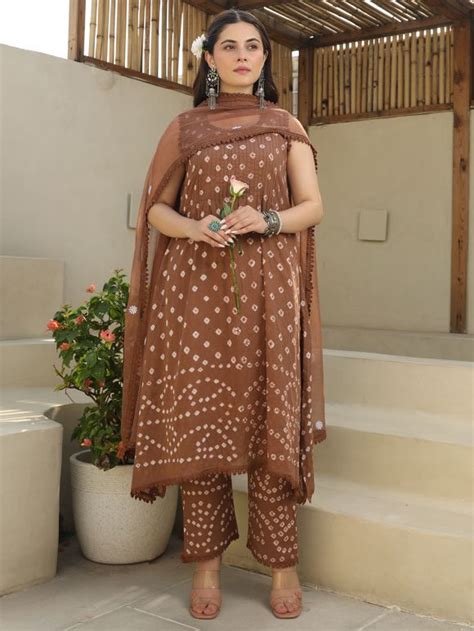 Brown Bandhej Printed Cotton Voile Suit - Set of 3