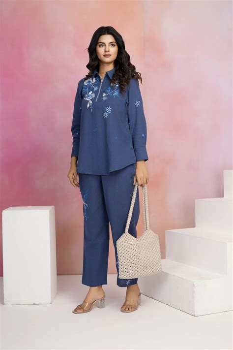Navy Blue Embroidered Zip Cotton Flex Co-Ord Set – Kaftanize