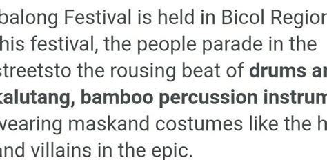 Music instruments used in ibalong festival - Brainly.in