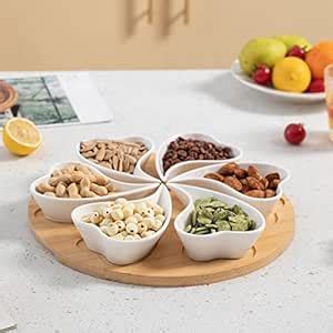 Buy HOKIPO Wooden Bamboo Serving Tray with Ceramic Bowl for Snacks ...