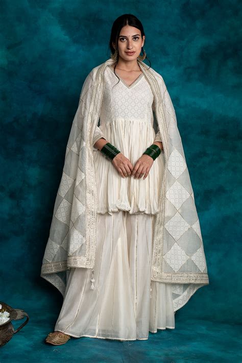 Buy White Chanderi Embroidered Gota Work Round Notched Peplum Kurta ...