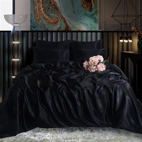 6pc Satin Bedding Black Double Duvet Cover Set (inc 1 duvet cover,1 ...