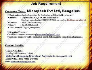 Micropack Pvt Ltd, Bengaluru Job Vacancy For Diploma Candidates ...