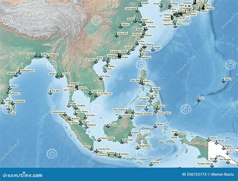 South East Asia Continent Illustration With The Biggest Ports Royalty ...