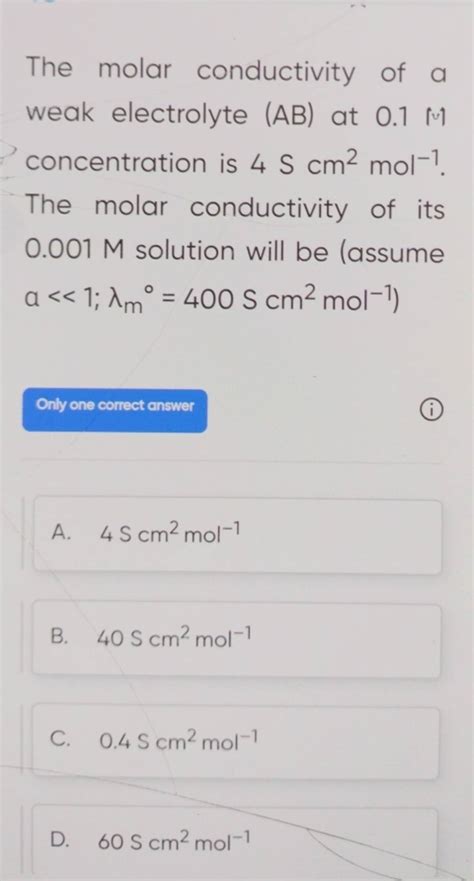 The molar conductivity of a weak electrolyte (AB) at 0.1 m concentration