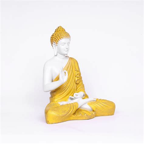 White Matte Finish Lord Buddha Statue—Yellow Drapery Details – Natriel