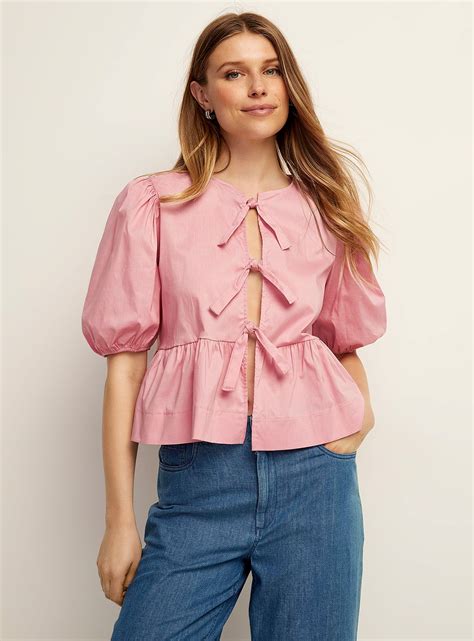 Tie-front puff-sleeve blouse en 2024