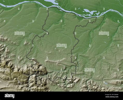 Vratsa, province of Bulgaria. Elevation map colored in wiki style with lakes and rivers Stock ...