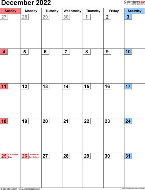 December 2022 Calendar | Templates for PDF, Excel and Word