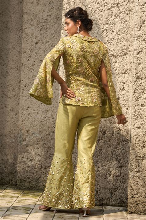 Pista green cape sleeves jacket set – Shreeka