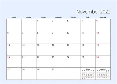 Calendario de pared para noviembre de 2022. idioma inglés, la semana ...