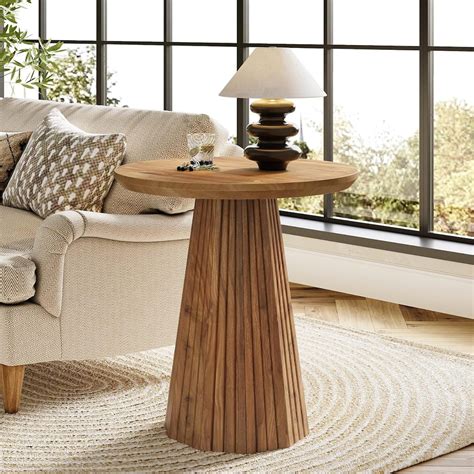 19" Solid Wood Small Round Pedestal End Side Table with Fluted Base ...