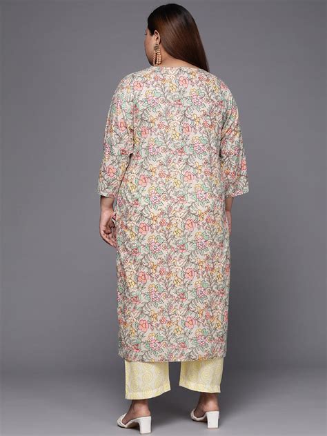 Varanga Women Plus Size Sea Green Floral Printed Beads & Stones Pure ...