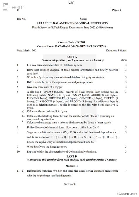 CST204 June 2022 - Database Management Systems Question Paper - Studocu