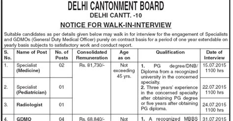 Delhi Cantonment Board Recruitment 2015 Specialist, Radiologist, GDMO