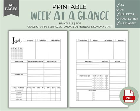 Week at a Glance Printable Instant Download Weekly Planner - Etsy