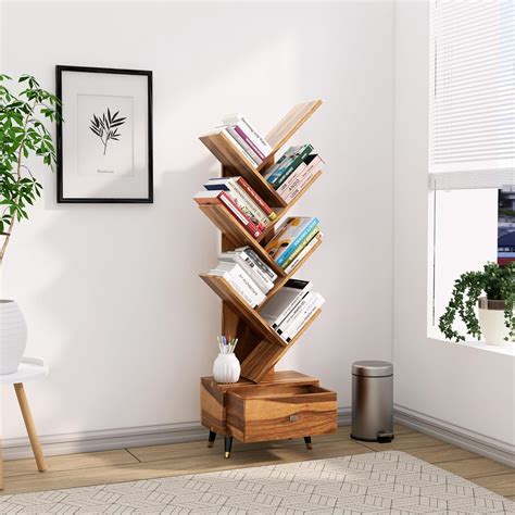 Birdhut Solid Sheesham Wood 7 Tier Tree Bookshelf with Drawer - 7 Open ...