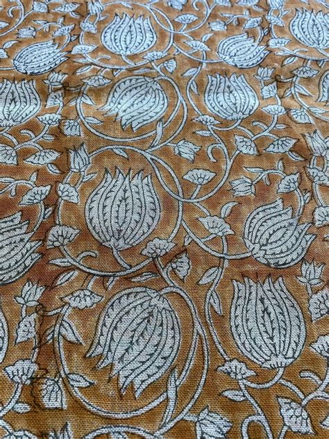 Lotus Floral Block Print Thick Linen Fabric For Upholstery, Curtains ...