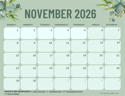 November 2026 Calendars (52 Free Printable PDFs)