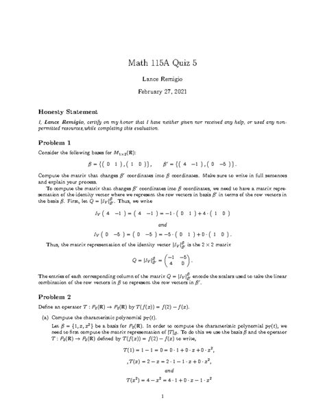 Math 115A Quiz 5 - See title. Covers bases, characteristic polynomials ...