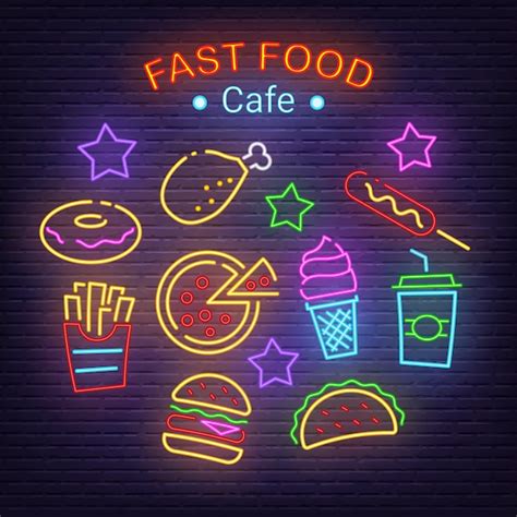 Fast-Food-Neon-Symbole | Premium Vektor