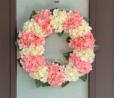 Capri Peach Pink Cream White Hydrangea Wreath, 21 In All Season UV ...