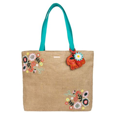 Buy Chumbak Women's Floral Elephant Embroidered Jute Tote Bag (Brown ...