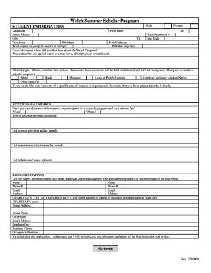 Welch Summer Scholar Program Student Application - Blank Fillable ...