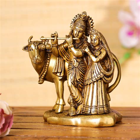 Brass Superfine Standing Radha Krishna With Cow Idol (6 Inch) – Vedansh ...
